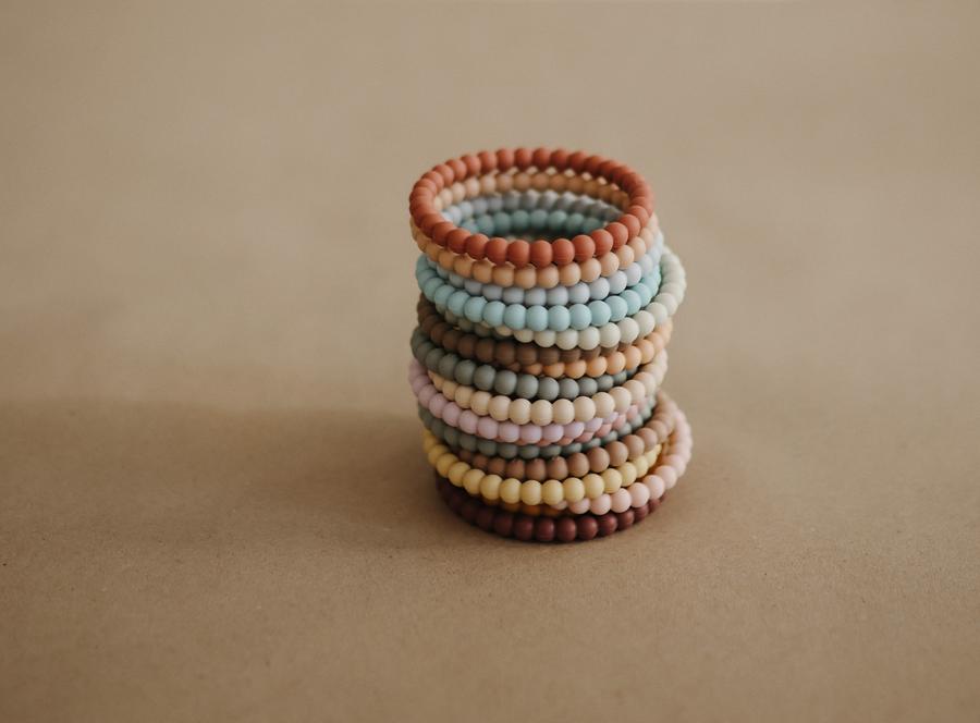 Mushie Pearl Teething Bracelets, Lilac/Cyan/Soft Peach