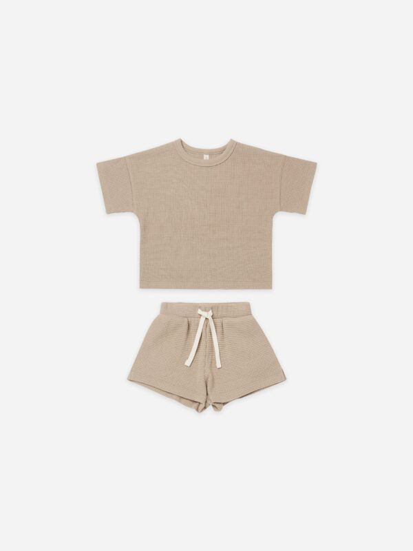 Quincy Mae Waffle Tee and Short Set, Warm Grey