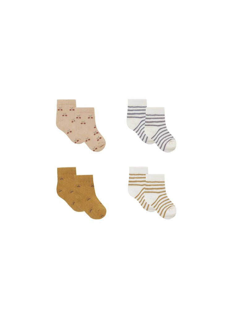 Quincy Mae Printed Sock Set, Cherries/Ochre Stripe/Suns/Idigo Stripe