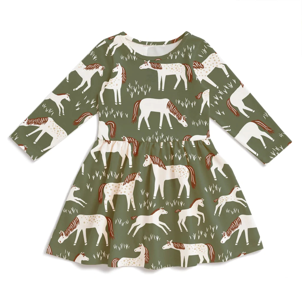 Winter Water Factory Calgary Dress, Horses Forest Green