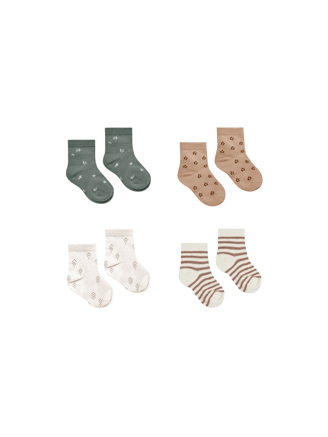 Quincy Mae Printed Sock Set, Cocoa Stripe/Stars/Trees/Ditsy