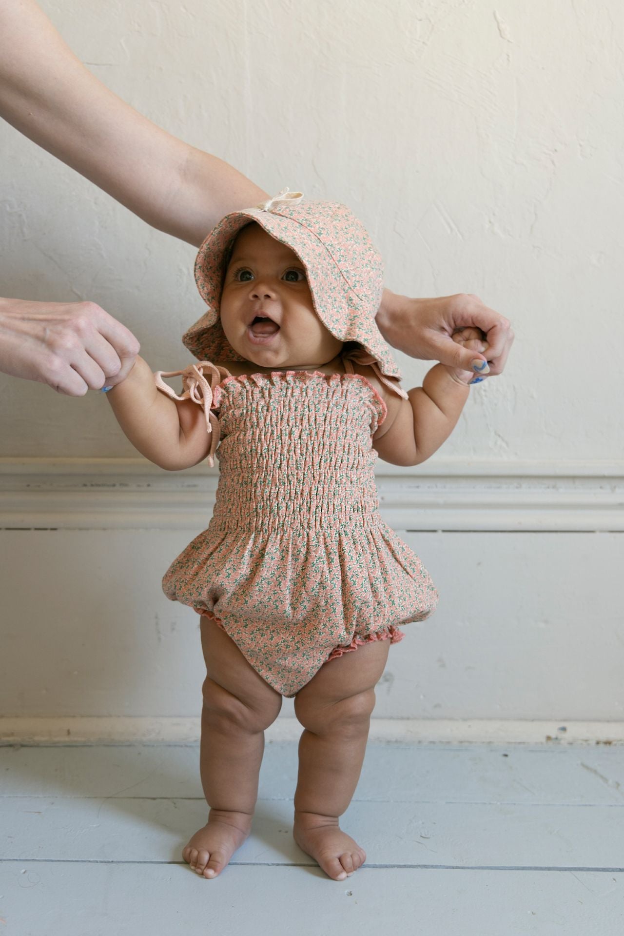 Fin & Vince Smocked Bubble Onesie, Sunset Floral
